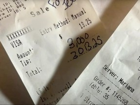 A receipt that shows $3,000 tip on a $13.25 bill.