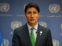 Prime Minister Justin Trudeau speaks to the media during the the 77th United Nations General Assembly which has returned in person this week for the first time in three years on Sept. 21, 2022 in New York City.