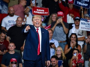 In this file photo taken on Sept. 3, 2022, former U.S. President Donald Trump speaks during a campaign rally in support of Doug Mastriano for Governor of Pennsylvania and Mehmet Oz for U.S. Senate at Mohegan Sun Arena in Wilkes-Barre, Pa.