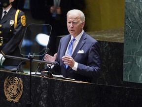 President Joe Biden delivers remarks to the 76th Session of the United Nations General Assembly, Tuesday, Sept. 21, 2021, in New York. U.S. President Joe Biden, traditionally a Day 1 speaker, ascends the rostrum this morning instead, with Prime Minister Justin Trudeau among those attending in person.