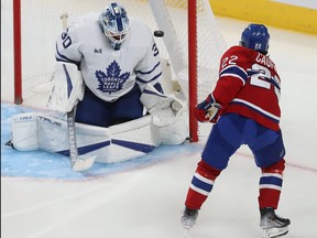 Canadiens' Cole Caufield scores his first of two second-period goals, high short-side, on Maple Leafs goaltender Matt Murray during second period NHL action in Montreal on Wednesday October 12, 2022.