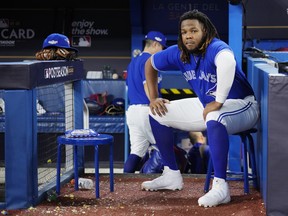 Vladimir Guerrero Jr. of the Toronto Blue Jays reacts after his team's loss against the Seattle Mariners.