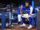 Vladimir Guerrero Jr. of the Toronto Blue Jays reacts after his team's loss against the Seattle Mariners.