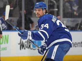 Auston Matthews of the Toronto Maple Leafs skates to the attack against the Tampa Bay Lightning during Game Five of the First Round of the 2022 Stanley Cup Playoffs at Scotiabank Arena on May 10, 2022 in Toronto, Ontario, Canada.