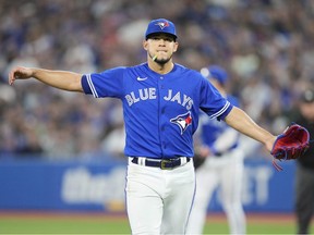 Jose Berrios of the Toronto Blue Jays reacts against the against the New York Yankees in the fifth inning during their MLB game at the Rogers Centre on September 27, 2022 in Toronto, Ontario, Canada.