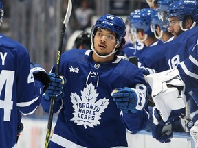 Nick Robertson of the Toronto Maple Leafs celebrates a goal against the Montreal Canadiens during an NHL pre-season game at Scotiabank Arena on September 28, 2022 in Toronto, Ontario, Canada.