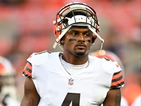 Deshaun Watson of the Cleveland Browns looks on prior to a preseason game against the Chicago Bears at FirstEnergy Stadium on August 27, 2022 in Cleveland, Ohio.