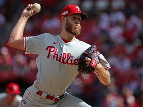 Zack Wheeler of the Philadelphia Phillies throws a pitch during the fourth inning against the St. Louis Cardinals during Game One of the NL Wild Card series at Busch Stadium on October 07, 2022 in St Louis, Missouri.