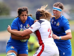 Sara Tounesi of Italy is tackled during the Pool B Rugby World Cup 2021 New Zealand match between the United States and Italy at Northland Events Centre on October 09, 2022, in Whangarei, New Zealand.