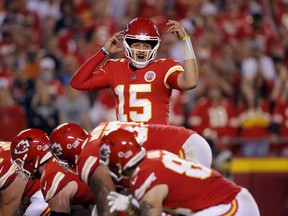 Patrick Mahomes of the Kansas City Chiefs audibles during the 2nd half of the game against the Las Vegas Raiders at Arrowhead Stadium on October 10, 2022 in Kansas City, Missouri.
