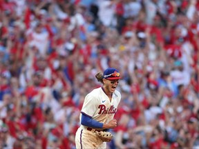 Alec Bohm of the Philadelphia Phillies celebrates after defeating the Atlanta Braves in game four of the National League Division Series at Citizens Bank Park on October 15, 2022 in Philadelphia, Pennsylvania.