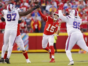 Patrick Mahomes #15 of the Kansas City Chiefs throws the ball during the fourth quarter against the Buffalo Bills at Arrowhead Stadium on October 16, 2022 in Kansas City, Missouri.