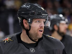 Phil Kessel of the Vegas Golden Knights takes a break during a stop in play in the third period against the Toronto Maple Leafs as he plays in his 989th consecutive NHL game, tying Keith Yandle for the longest “Ironman” streak in league history at T-Mobile Arena on October 24, 2022 in Las Vegas, Nevada. The Golden Knights defeated the Leafs 3-1.