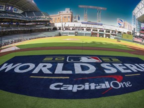 HOUSTON, TEXAS - OCTOBER 27: A general view of the World Series logo during a workout day ahead of Game One of the World Series between the Houston Astros and Philadelphia Phillies at Minute Maid Park on October 27, 2022 in Houston, Texas. (Photo by/)