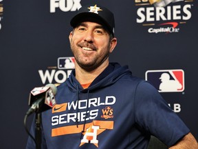 Justin Verlander of the Houston Astros during a press conference ahead of Game One of the World Series between the Houston Astros and Philadelphia Phillies  at Minute Maid Park on October 27, 2022 in Houston, Texas.