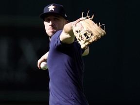 Alex Bregman of the Houston Astros participates in the World Series workout day at Minute Maid Park on October 27, 2022 in Houston, Texas.