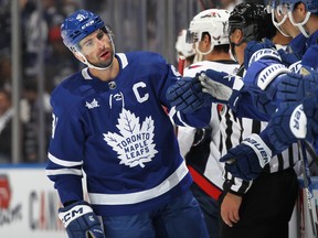 John Tavares of the Toronto Maple Leafs celebrates a goal against the Washington Capitals.