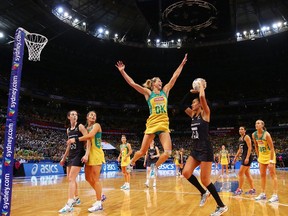 Maria Tutaia of New Zealand shoots as Laura Geitz of the Diamonds defends during the 2015 Netball World Cup Gold Medal match between Australia and New Zealand at Allphones Arena on August 16, 2015 in Sydney, Australia.