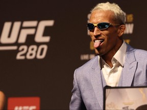 Charles Oliveira speaks during a presser ahead of the Ultimate Fighting Championship (UFC) event at the Etihad Arena in Abu Dhabi on October 20, 2022.