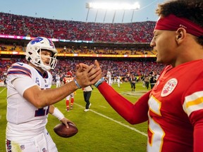 Bills QB Josh Allen and Chiefs counterpart Patrick Mahomes greet one another after Buffalo beat K.C. 24-20 on Oct. 16. The rivalry between the two superstar will be a treat for football fans for years to come. USA TODAY SPORTS