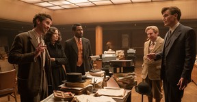 Christian Bale as Burt Berendsen, Margot Robbie as Valerie Voze, John David Washington as Harold Woodman, Mike Myers as Paul Canterbury, and Michael Shannon as Henry Norcross in 20th Century Studios’ Amsterdam.