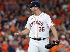 Houston Astros starting pitcher Justin Verlander reacts after striking out Houston Astros second baseman Jose Altuve at Minute Maid Park.