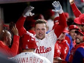 Philadelphia Phillies first baseman Rhys Hoskins celebrates his two-run home run during Game 4 of the NLCS against the San Diego Padres at Citizens Bank Park.