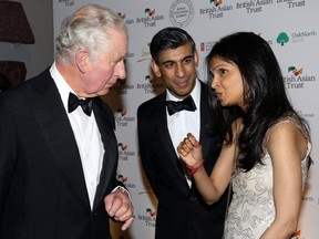 Rishi Sunak and Akshata Murty speak to Prince Charles at a reception to celebrate the British Asian Trust, at The British Museum, in London, Britain, February 9, 2022.