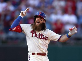 Philadelphia Phillies centre fielder Brandon Marsh gestures after hitting a double against the Atlanta Braves in the fourth inning in game four of the NLDS for the 2022 MLB Playoffs at Citizens Bank Park in Philadelphia, Oct. 15, 2022.