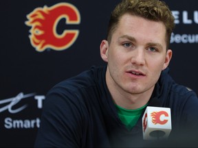 Calgary Flames forward Matthew Tkachuk talks with media at the Scotiabank Saddledome in Calgary on Saturday, May 28, 2022.