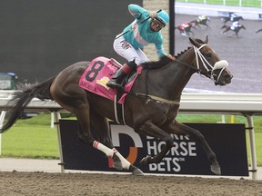 Jockey Rafael Hernandez guides Moira to victory in the 163rd running of the Queen’s Plate.