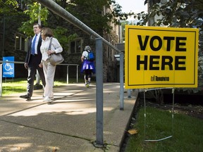 Toronto Mayor John Tory accompanies his mother Elizabeth Bacon to vote at an advanced polling election station in Toronto on Wednesday, Oct. 10, 2018.