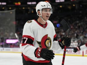 Ottawa Senators' Shane Pinto (57) celebrates his goal against the Toronto Maple Leafs during first period NHL hockey action in Toronto on Saturday, October 15, 2022.