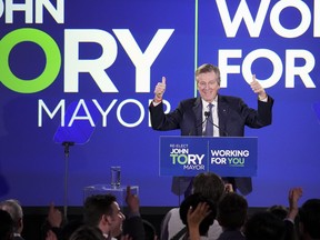 John Tory reacts on stage after winning and being elected for a third term as the mayor of Toronto, Canada's most populous city, at his campaign headquarters in Toronto on Monday Oct. 24, 2022. The 68-year-old defeated 30 other mostly unknown candidates after many criticized his record on transit, housing and other municipal issues.