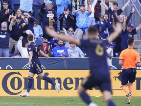 Philadelphia Union's Mikael Uhre celebrates after scoring a goal during the first half against the Toronto FC, Sunday, Oct. 9, 2022, in Chester, Pa.