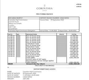 The official invoice from the Corinthia Hotel for the Canadian delegation’s stay while attending the Queen’s funeral.