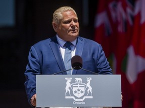 Ontario Premier Doug Ford gives a speech after he is sworn in at the Legislative Assembly of Ontario at Queen’s Park in Toronto, June 24, 2022.