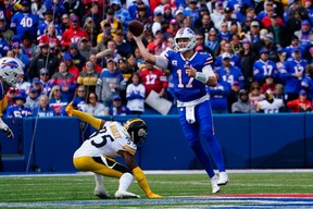 Buffalo Bills quarterback Josh Allen throws the ball against the Pittsburgh Steelers during the first half at Highmark Stadium. GREGORY FISHER/USA TODAY Sports