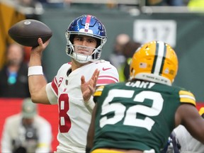 Oct 9, 2022; London, United Kingdom; New York Giants quarterback Daniel Jones (8) throws the ball in the second half against the Green Bay Packers during an NFL International Series game at Tottenham Hotspur Stadium.