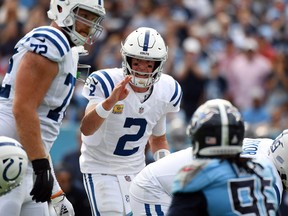 Oct 23, 2022; Nashville, Tennessee, USA; Indianapolis Colts quarterback Matt Ryan (2) talks at the line during the second half against the Tennessee Titans at Nissan Stadium.