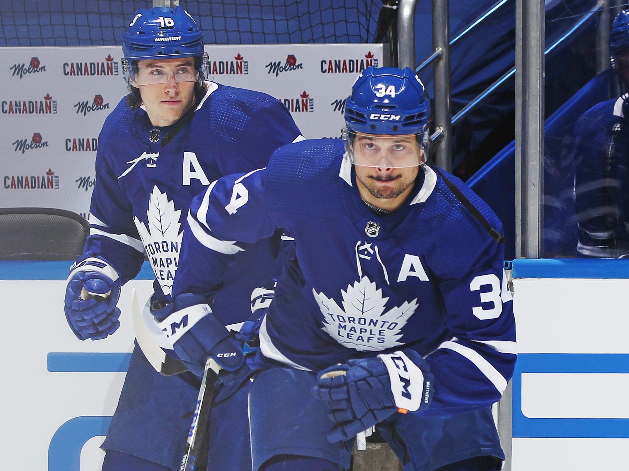 Mitch Marner and Auston Matthews of the Toronto Maple Leafs arrive