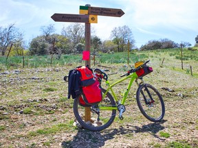 Way of Saint James from Atapuerca to Burgos sign by bike. Camino de Santiago