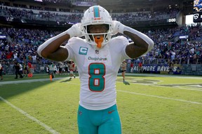 Jevon Holland #8 of the Miami Dolphins celebrates a 42-38 win over the Ravens on September 18, 2022 in Baltimore, Maryland.