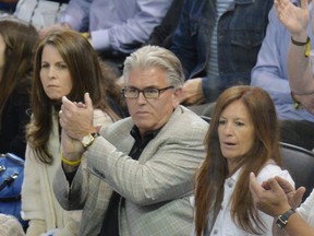 Sports broadcaster Mike Francesa (centre) at game four of the 2014 NHL Stanley Cup Final at Madison Square Garden on June 11, 2014 in New York City.