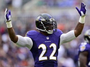 Cornerback Jimmy Smith #22 of the Baltimore Ravens reacts during the first quarter against the Chicago Bears at M&T Bank Stadium on October 15, 2017 in Baltimore, Maryland.