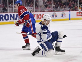 Maple Leafs forward Michael Bunting celebrates after scoring a goal against the Montreal Canadiens during the first period at the Bell Centre.