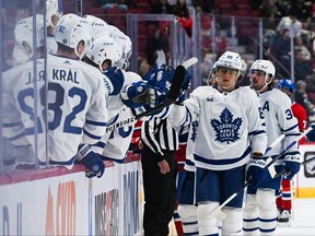 Oct 3, 2022; Montreal, Quebec, CAN; Toronto Maple Leafs right wing William Nylander (88) celebrates his goal with his teammates during the first period at Bell Centre.