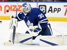 Sep 28, 2022; Toronto, Ontario, CAN; Toronto Maple Leafs goalie Matt Murray (30) makes a save against the Montreal Canadiens in the first period at Scotiabank Arena.