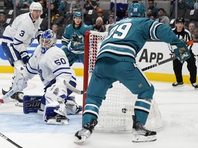Logan Couture #39 of the San Jose Sharks scores his second goal of the night getting his shot past goalie Erik Kallgren #50 of the Toronto Maple Leafs during the second period in San Jose on Thursday night.