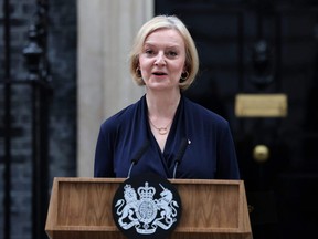 Britain's Prime Minister Liz Truss announces her resignation at Downing Street in London, Thursday, Oct. 20, 2022.